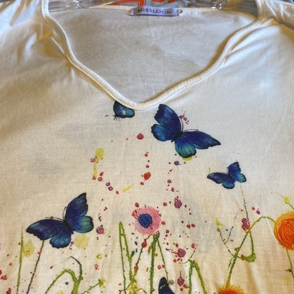 Misslook Large White T-Shirt with Artistic Multi-Colored Butterfly Floral Print - Picture 6 of 9